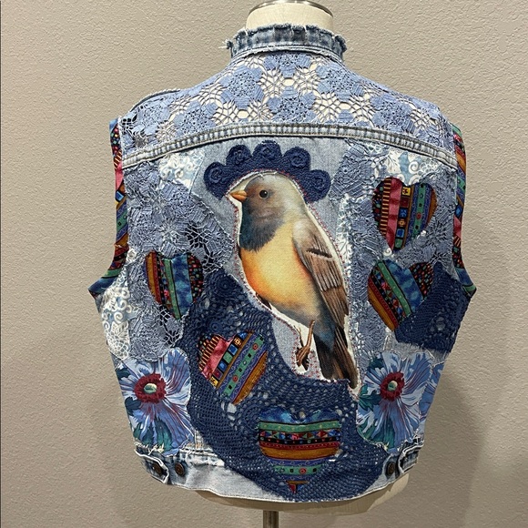 Levi's Jackets & Blazers - Upcycled Levi’s Denim Vest with Lace Inserts and bird motif